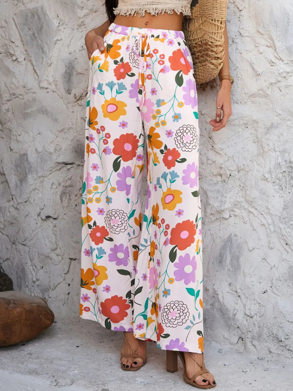 Devine Drawstring Printed Wide Leg Pants - Roe Creation