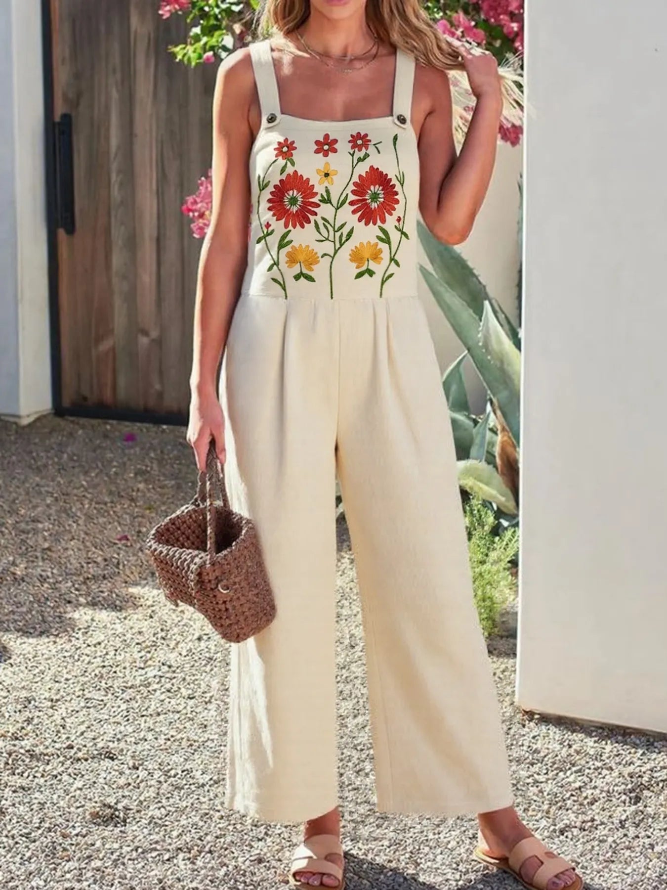 Floral Embroidered Wide Leg Jumpsuit - Roe Creation