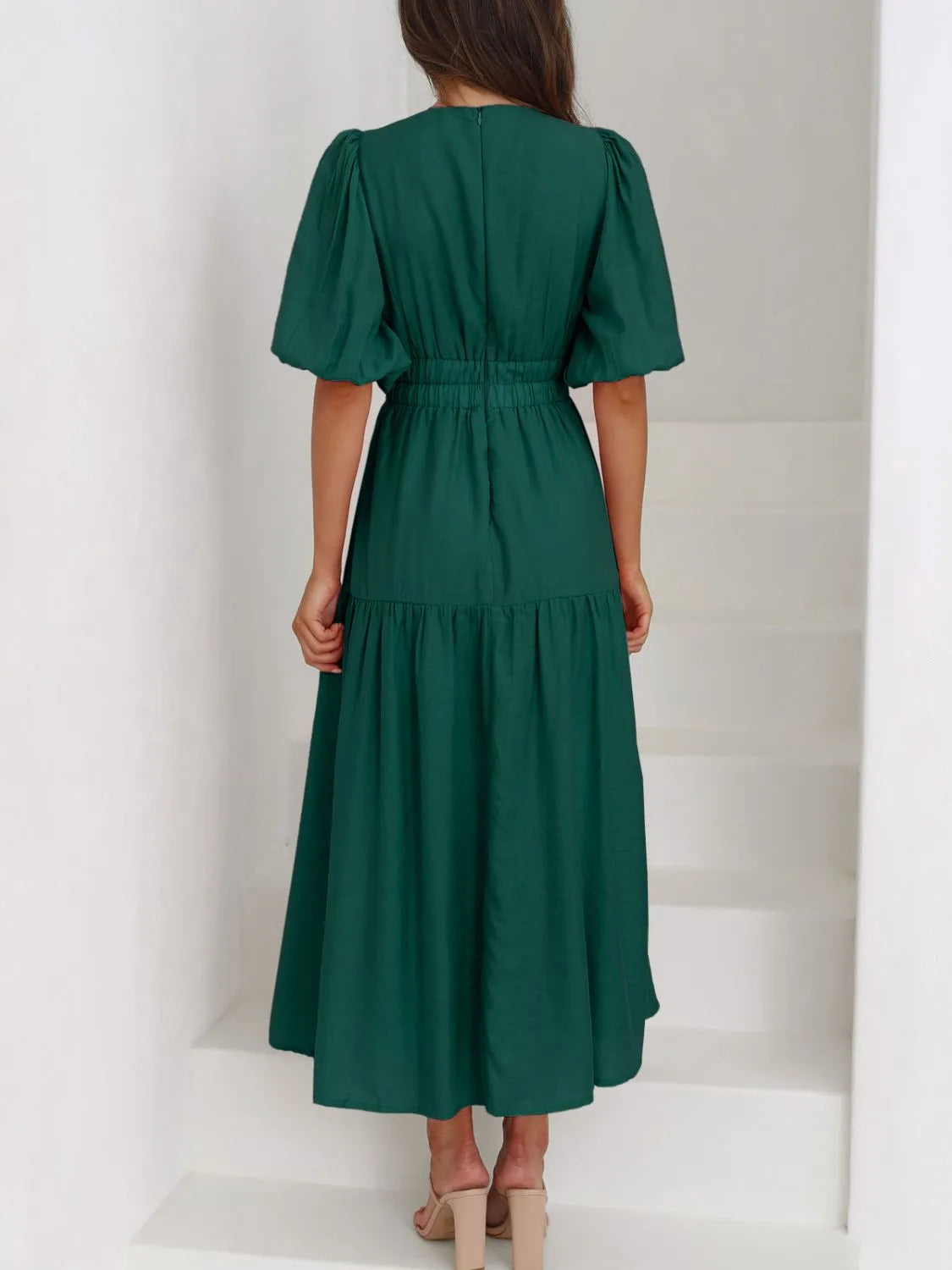 V-Neck Puff Sleeve Midi Dress - Roe Creation