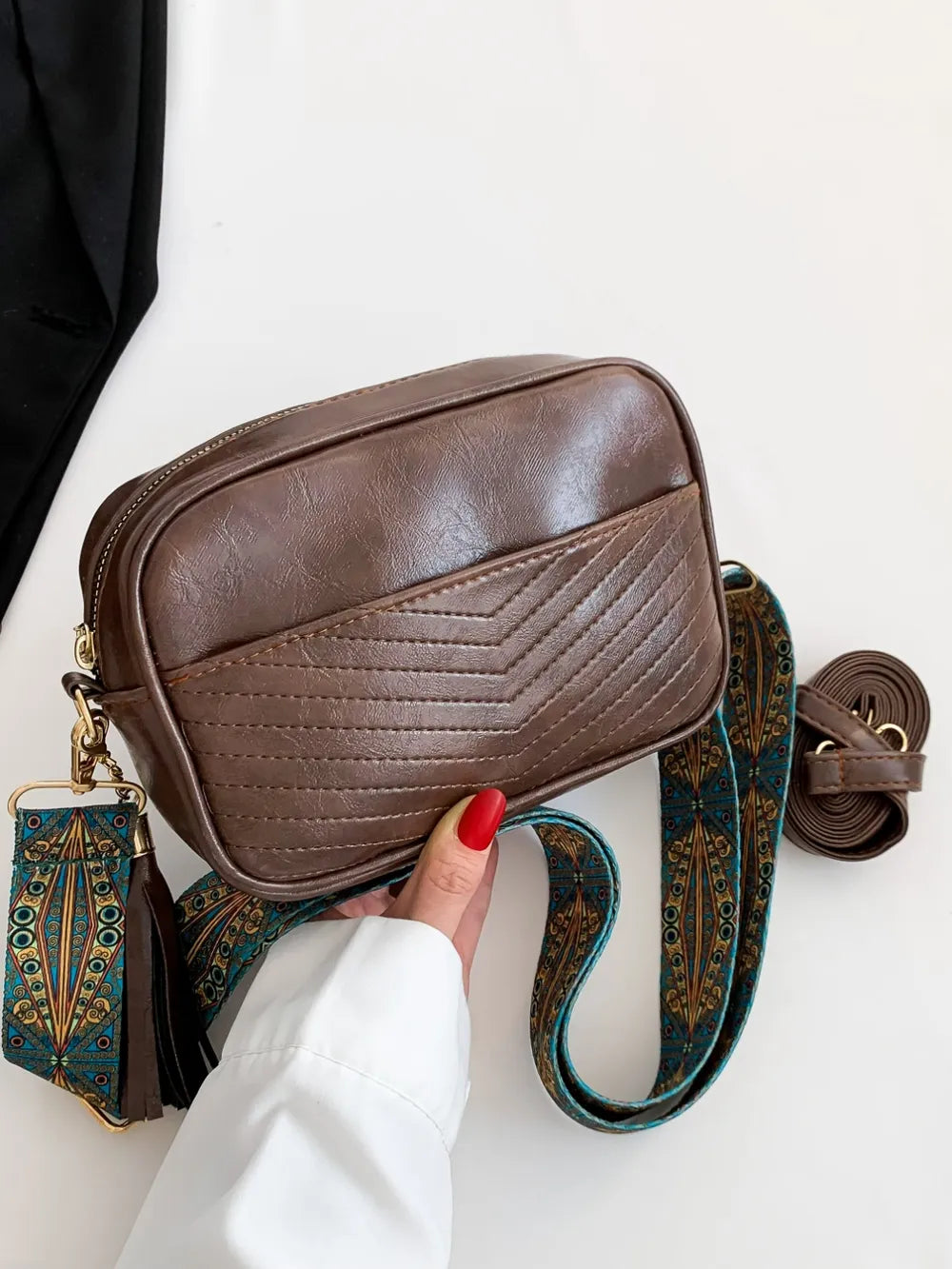 Tassel Cassette Vintage Crossbody Bag with PU Leather and Printed Strap - Roe Creation