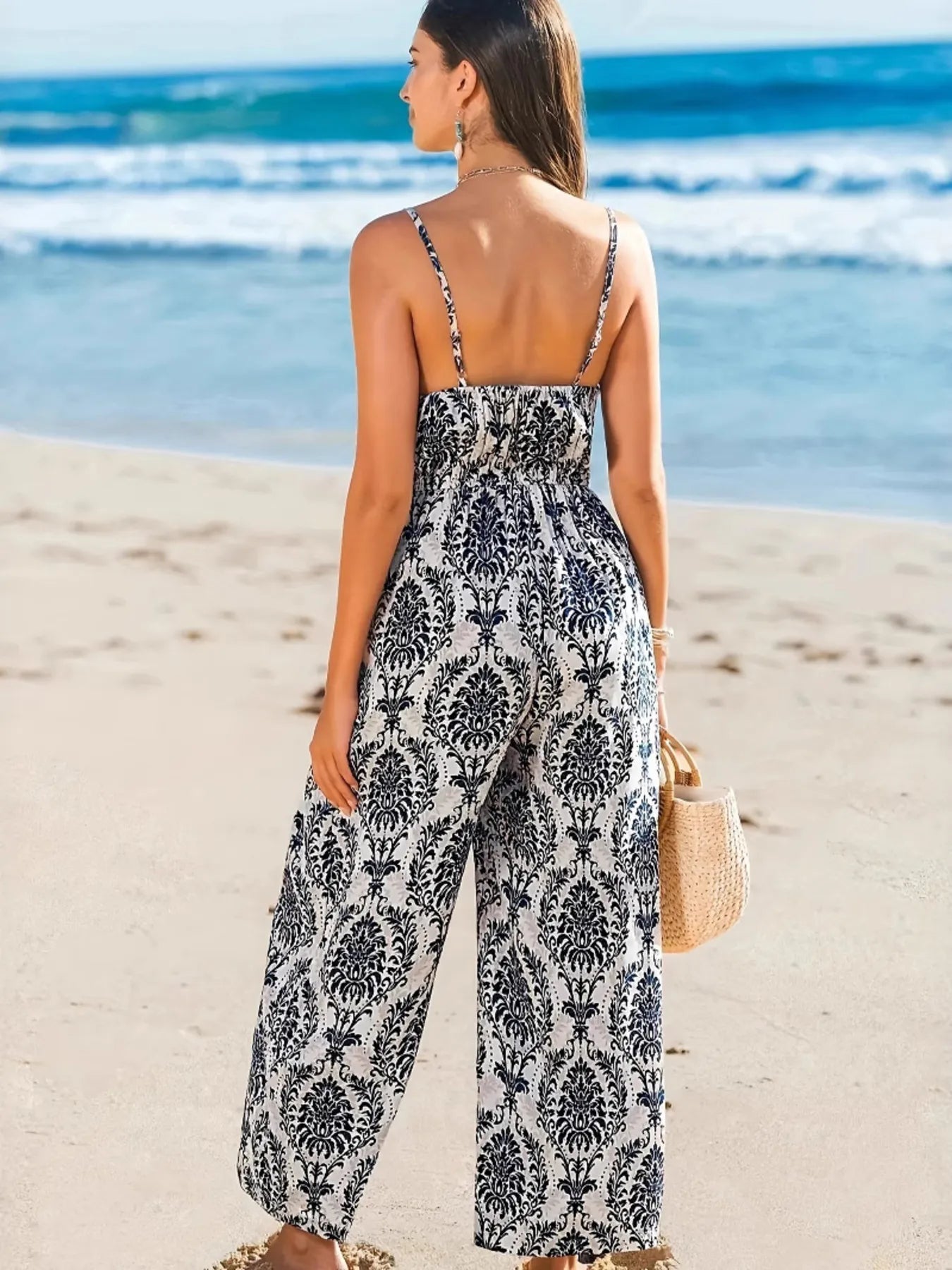 Printed Spaghetti Strap Beach Jumpsuit - Roe Creation