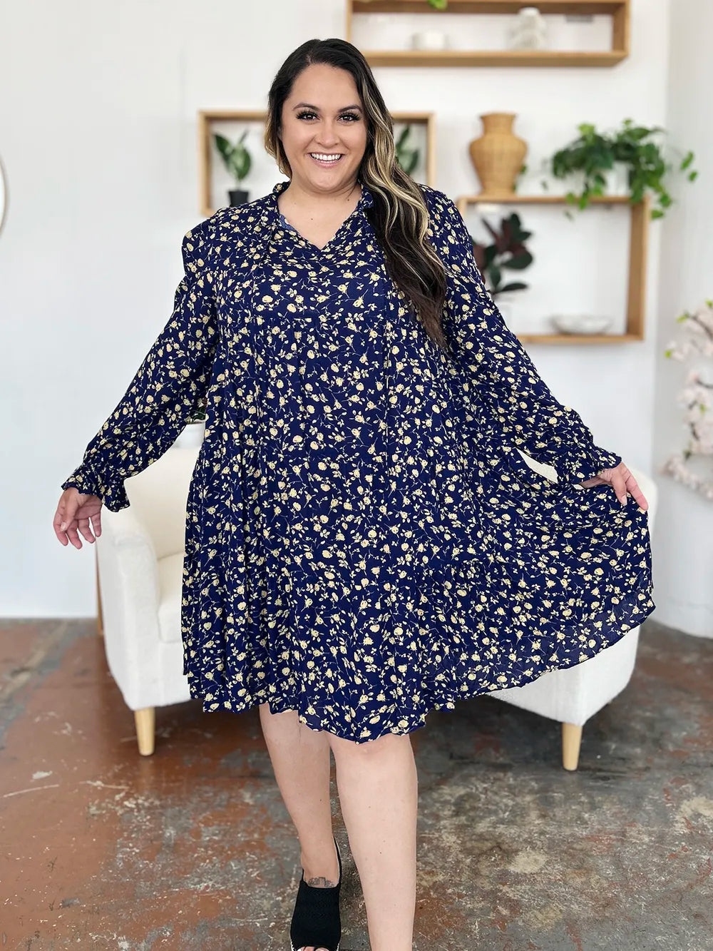 Double Take Full Size Printed Ruffle Hem Long Sleeve Tiered Dress - Roe Creation