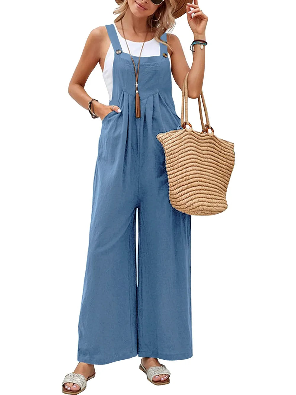 Full Size Square Neck Wide Strap Overalls - Roe Creation