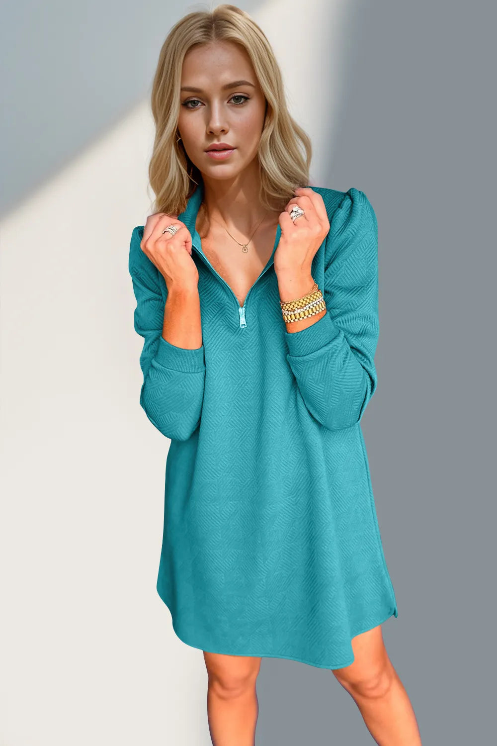 Double Take Textured Quarter Zip Long Sleeve Dress - Roe Creation
