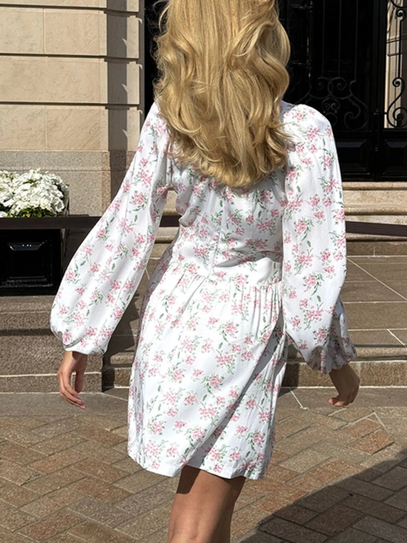 Floral Print Balloon Sleeve Dress - Roe Creation