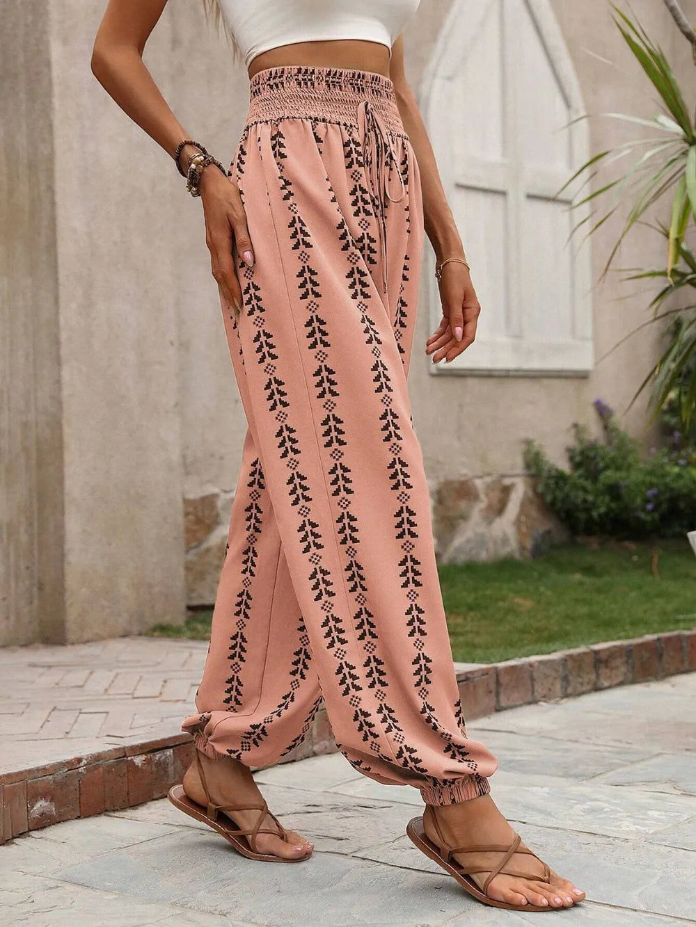 Tied Printed High Waist Pants - Roe Creation