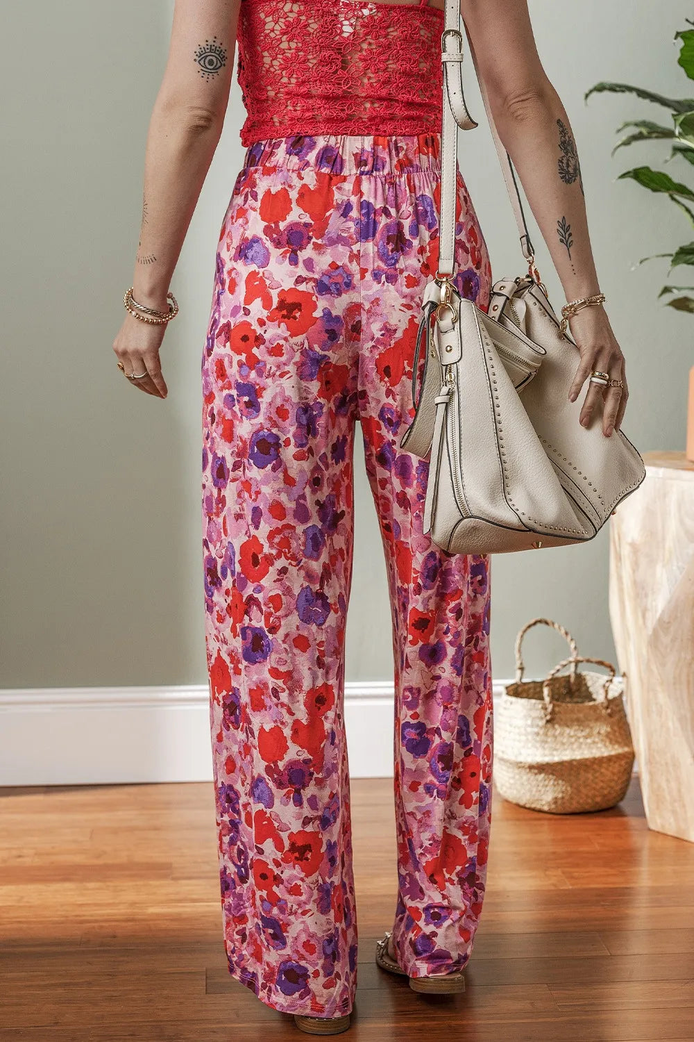 Floral Wide Leg Elastic High Waist Pants - Roe Creation