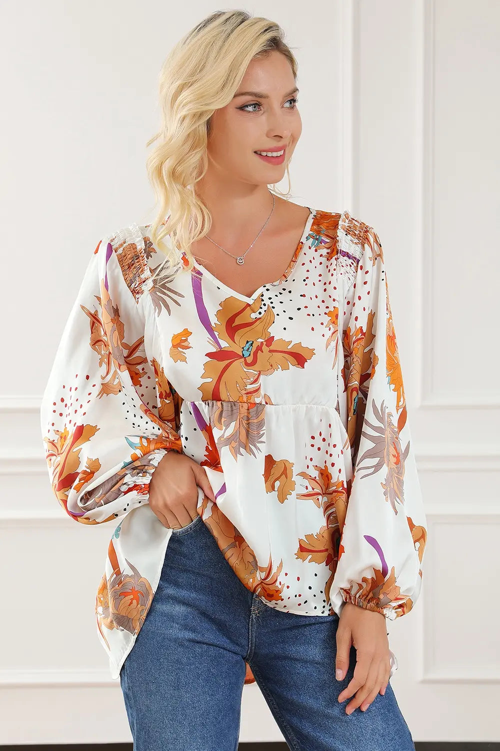 Printed V-Neck Smocked Balloon Sleeve Blouse - Roe Creation