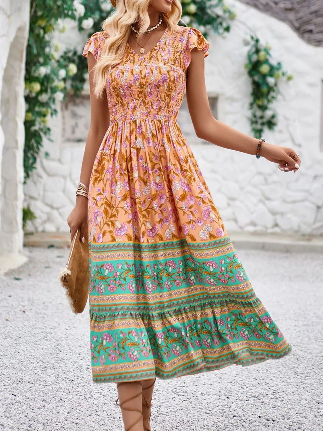 Printed Round Neck Cap Sleeve Dress - Roe Creation