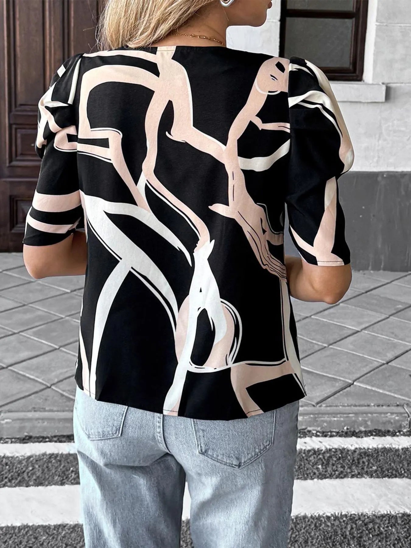 Abstract Print Puff Sleeve Notched Blouse - Roe Creation