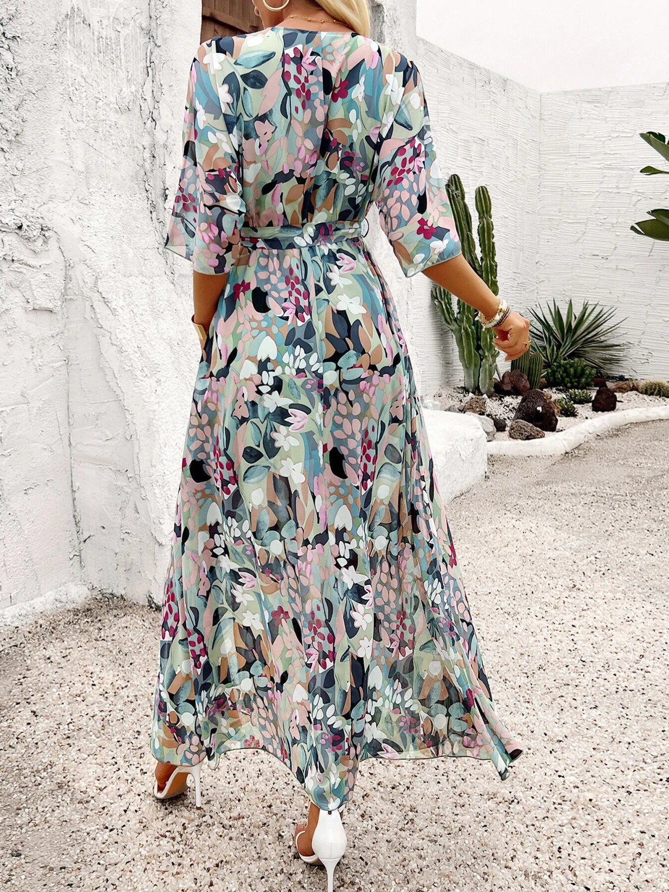 Slit Printed Surplice Half Sleeve Maxi Dress - Roe Creation