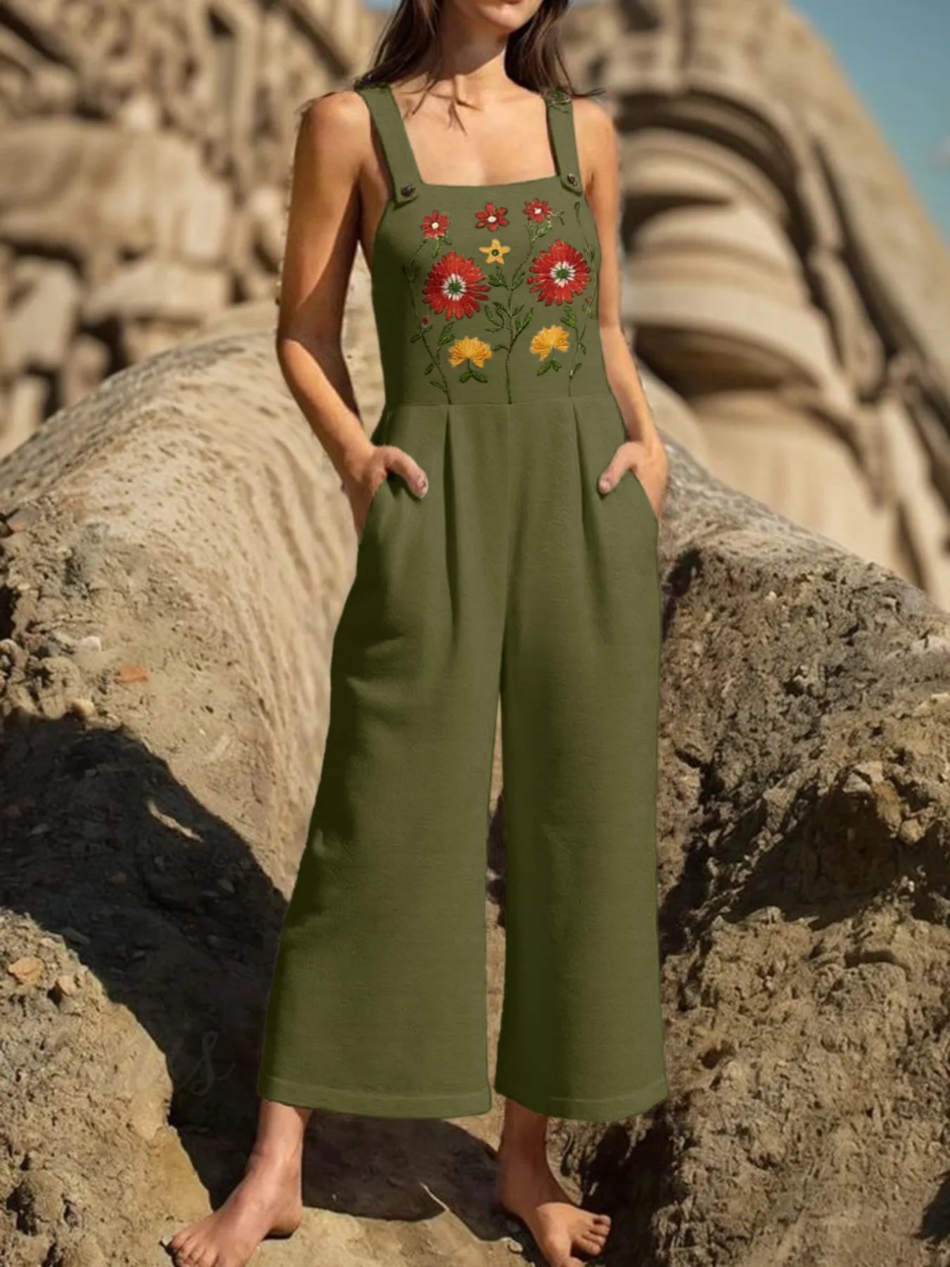 Floral Embroidered Wide Leg Jumpsuit - Roe Creation