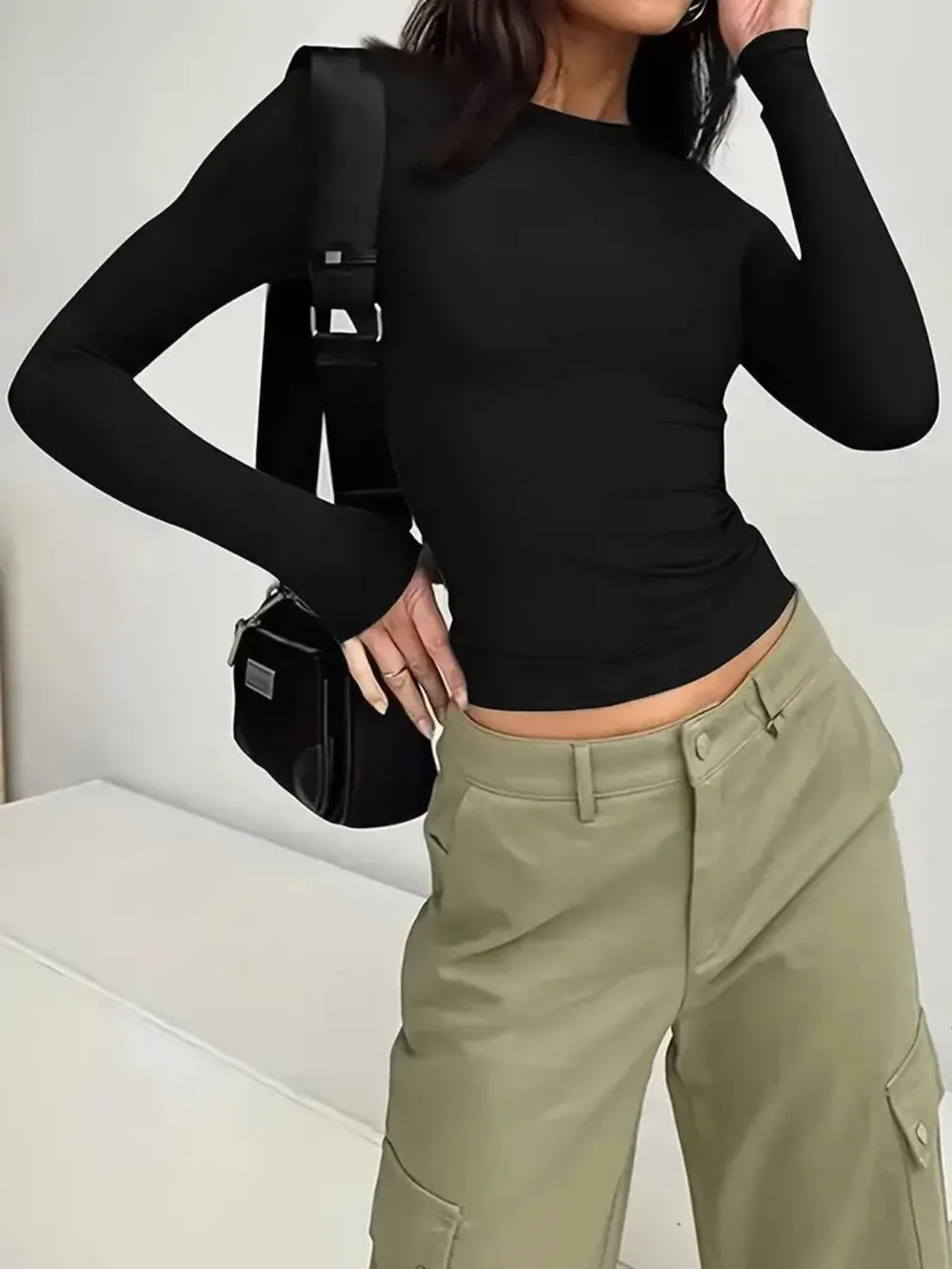 Solid Color Round Neck Long Sleeve T-Shirt - Roe Creation
