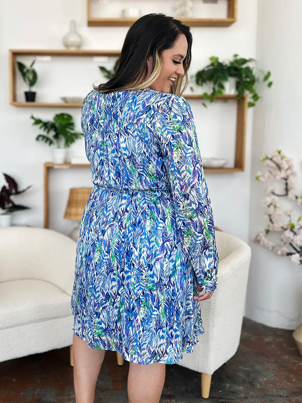 Double Take Full Size Printed Drawstring Waist Long Sleeve Dress - Roe Creation