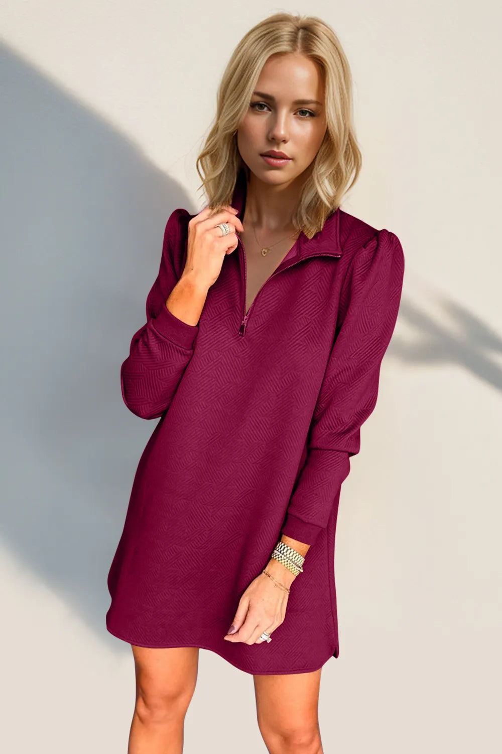 Double Take Textured Quarter Zip Long Sleeve Dress - Roe Creation