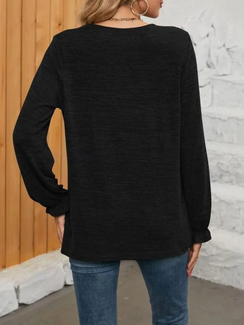 Ruched Round Neck Long Sleeve T-Shirt - Roe Creation