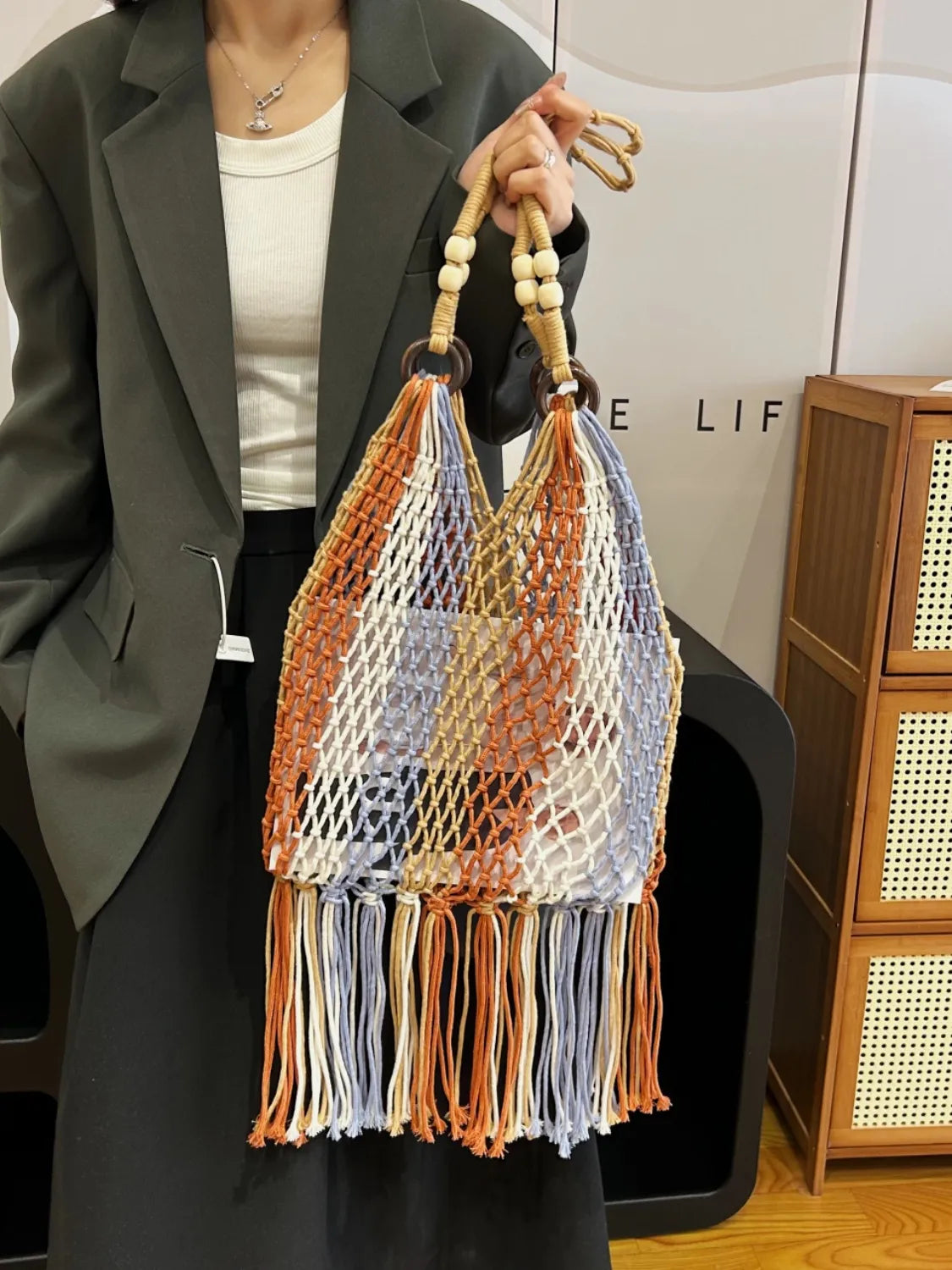 Woven Fringe Shoulder Bag with Wooden Handle - Roe Creation