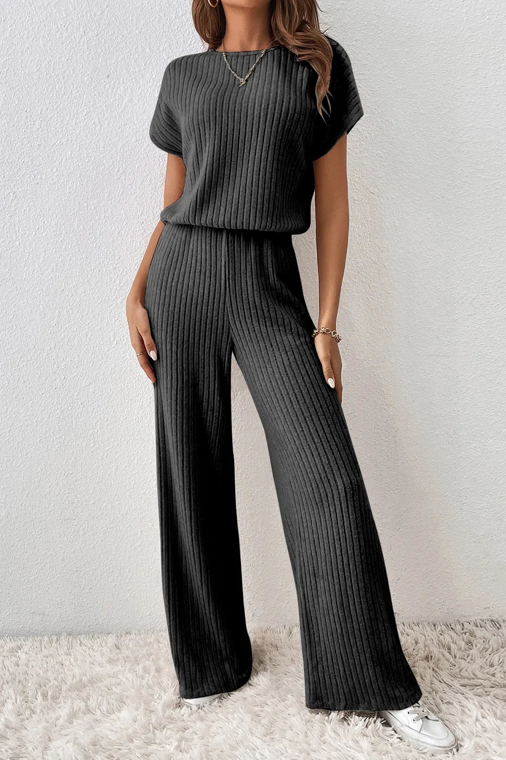 Ribbed Short Sleeve Wide Leg Jumpsuit - Roe Creation