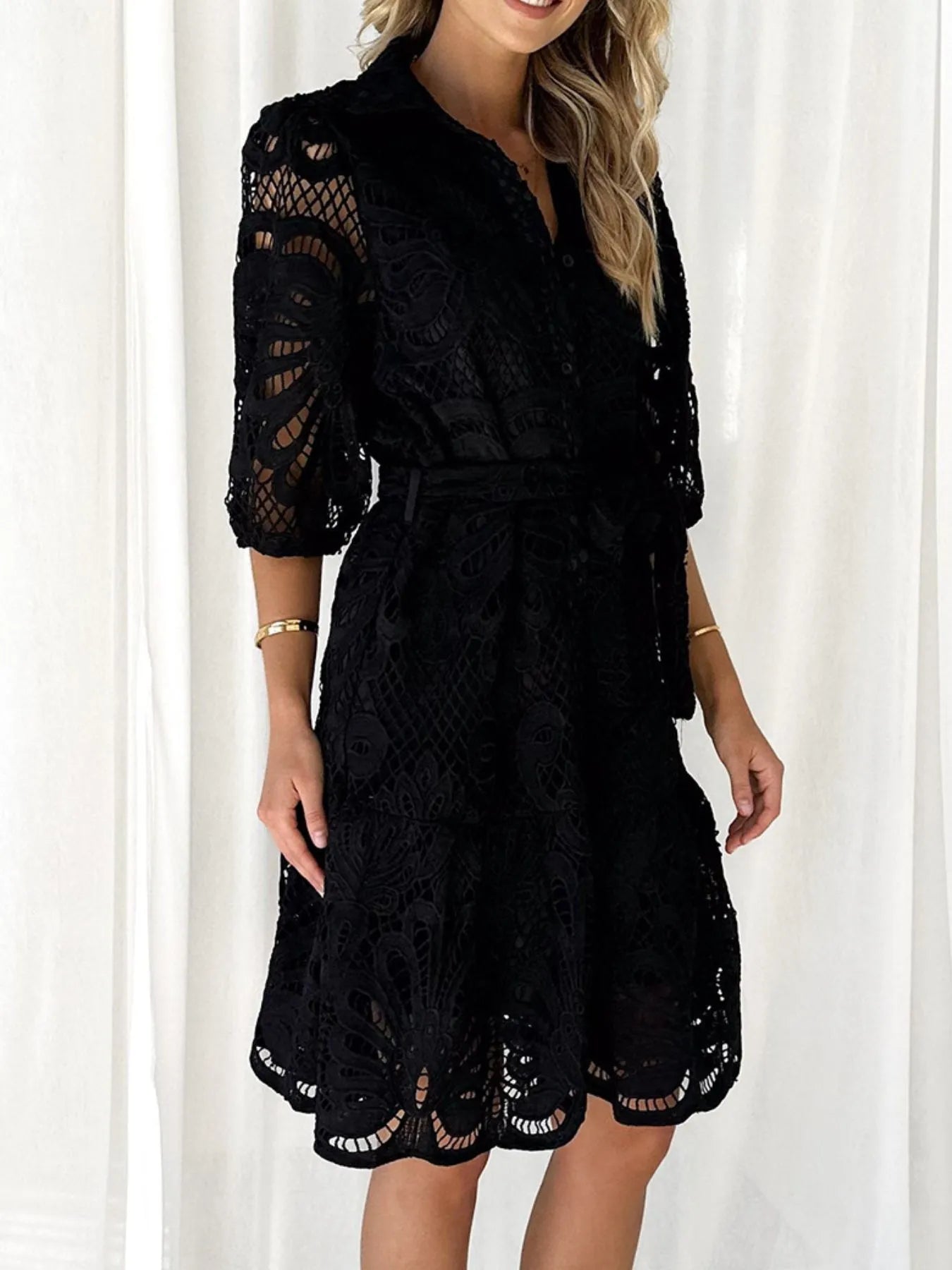 Lace Tie Waist Half Sleeve Dress - Roe Creation