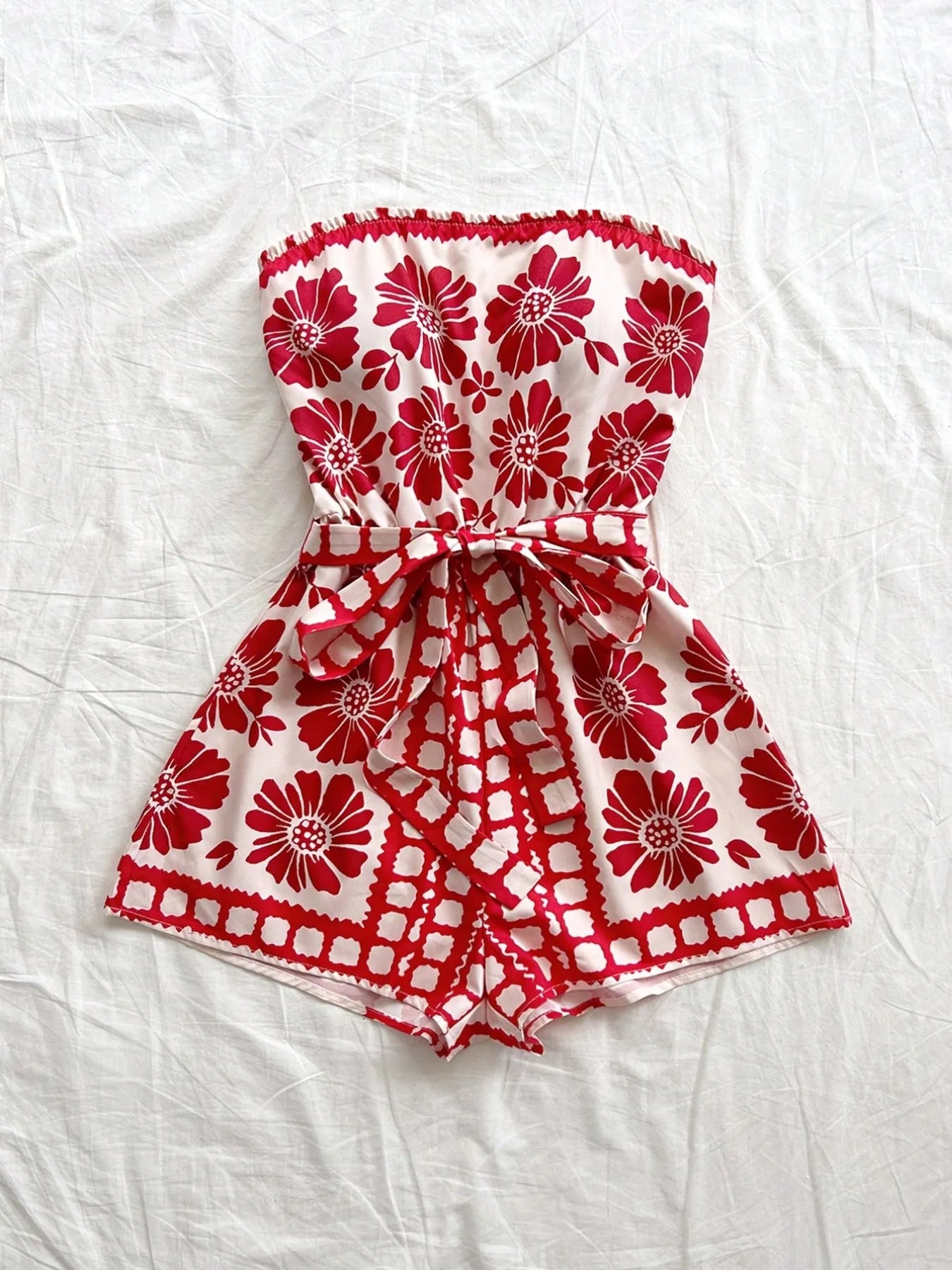Printed Tube Tie Waist Romper - Roe Creation