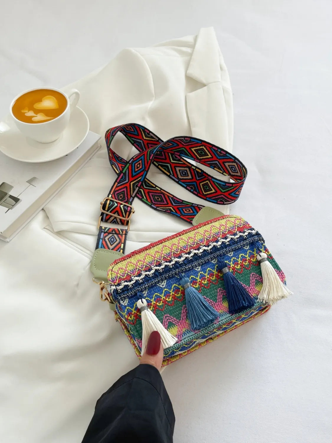 Bohemian Tassel Trim Crossbody Bag with Ethnic Pattern - Roe Creation