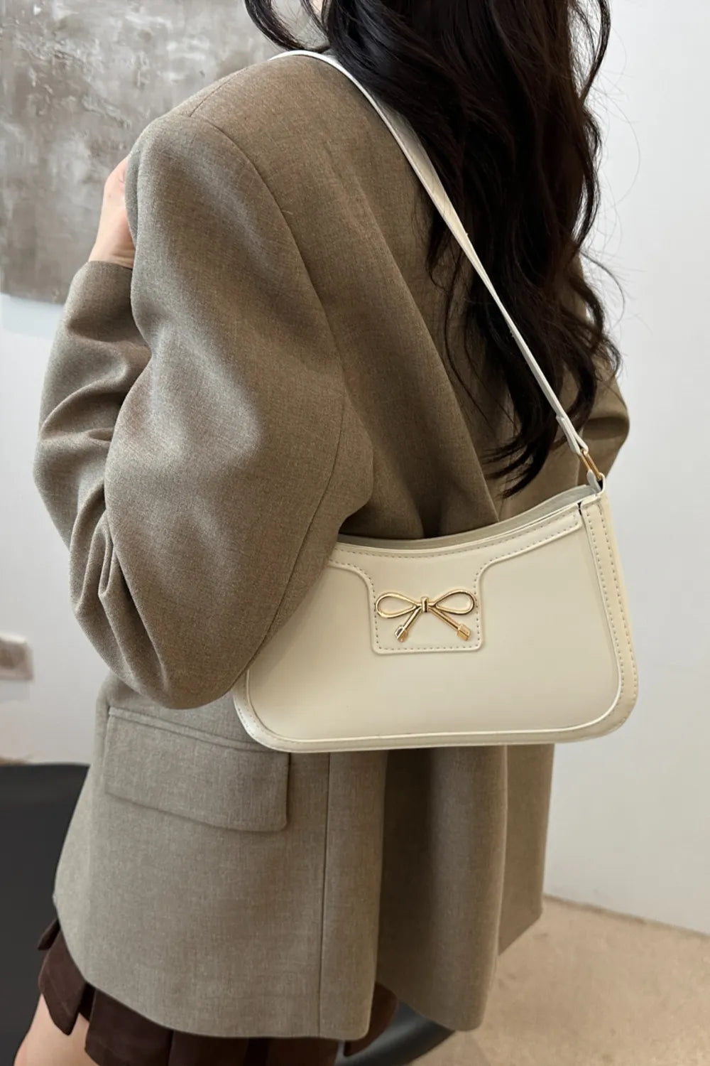 Bow Trim PU Leather Shoulder Bag - Roe Creation