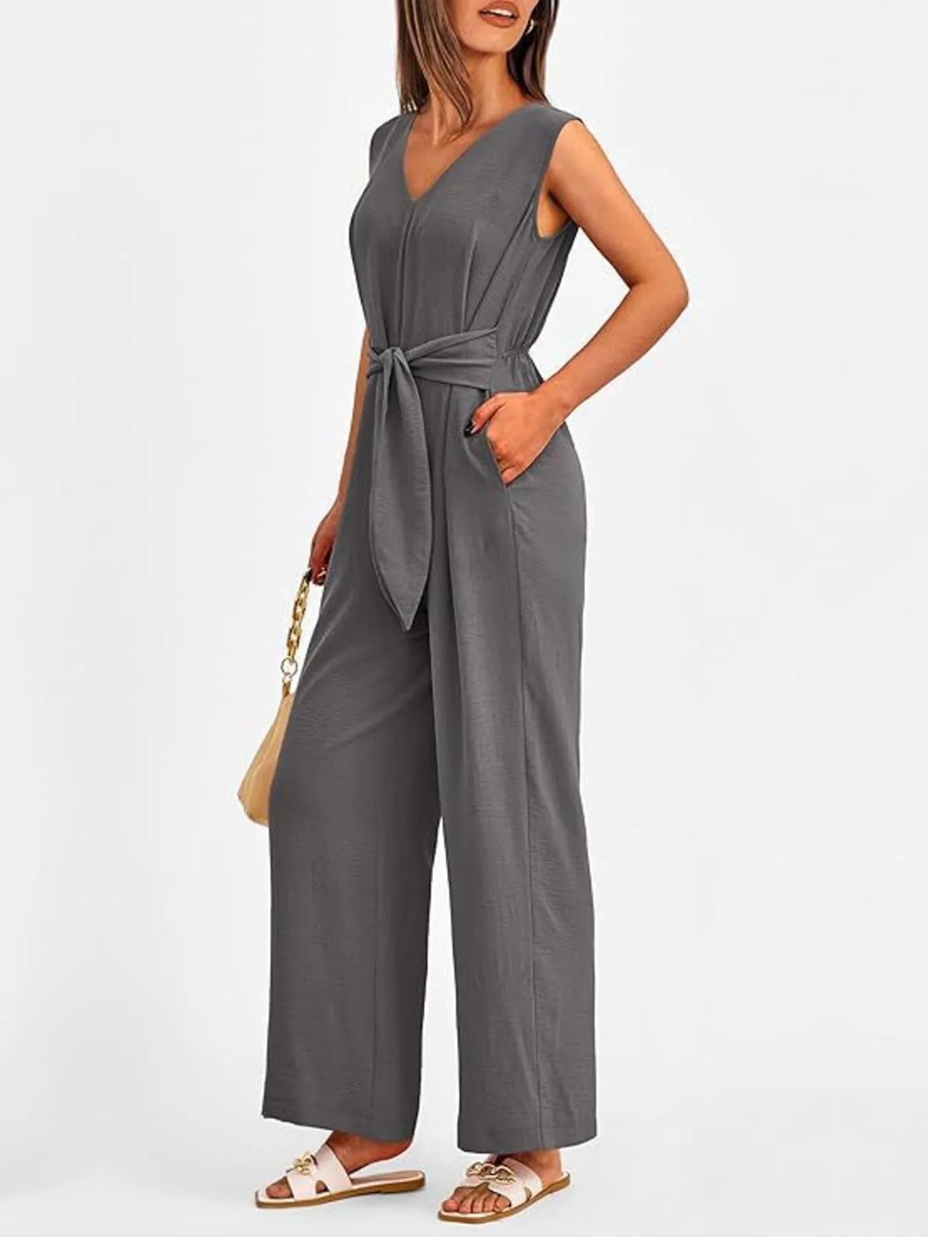 V-Neck Sleeveless Wide-Leg Jumpsuit with Waist Tie - Roe Creation