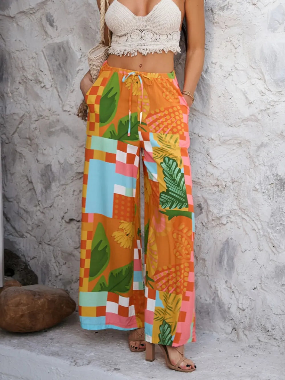 Devine Drawstring Printed Wide Leg Pants - Roe Creation