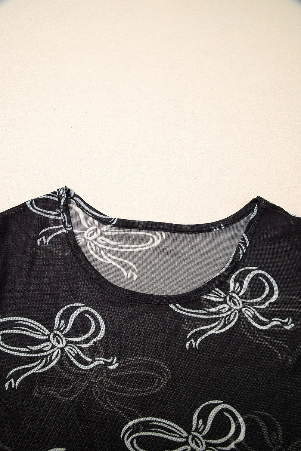 Bow Mesh Round Neck Short Sleeve T-Shirt - Roe Creation