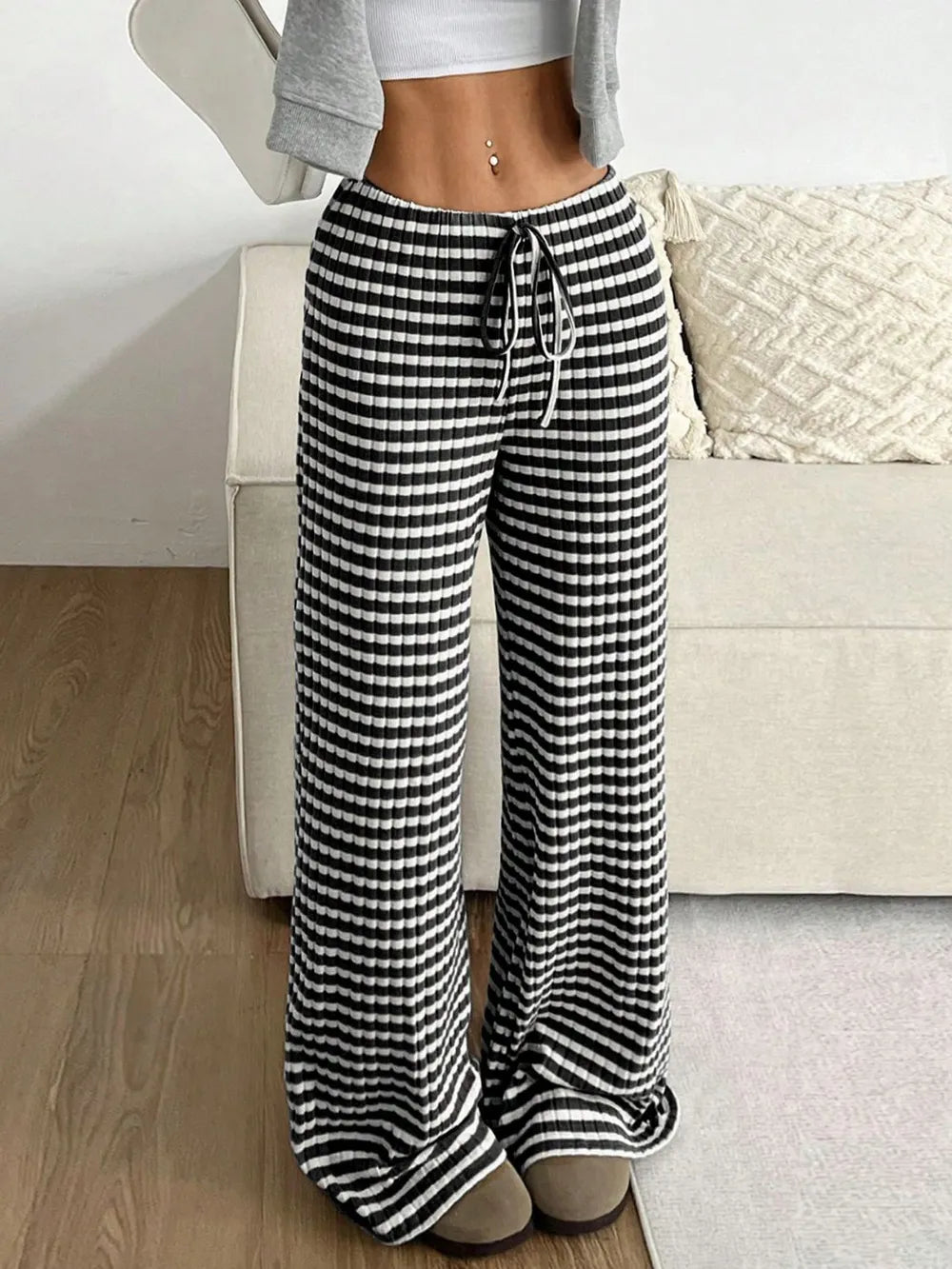Tied Striped Wide Leg Pants - Roe Creation
