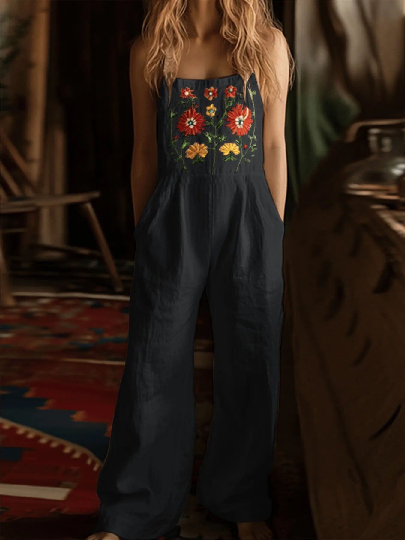 Floral Embroidered Wide Leg Jumpsuit - Roe Creation