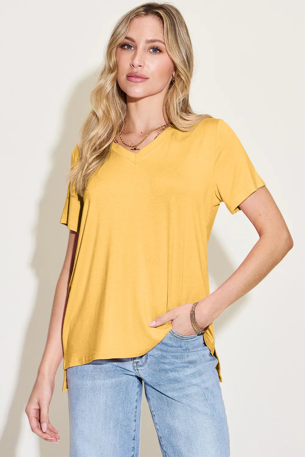 Basic Bae Bamboo Full Size V-Neck High-Low T-Shirt - Roe Creation