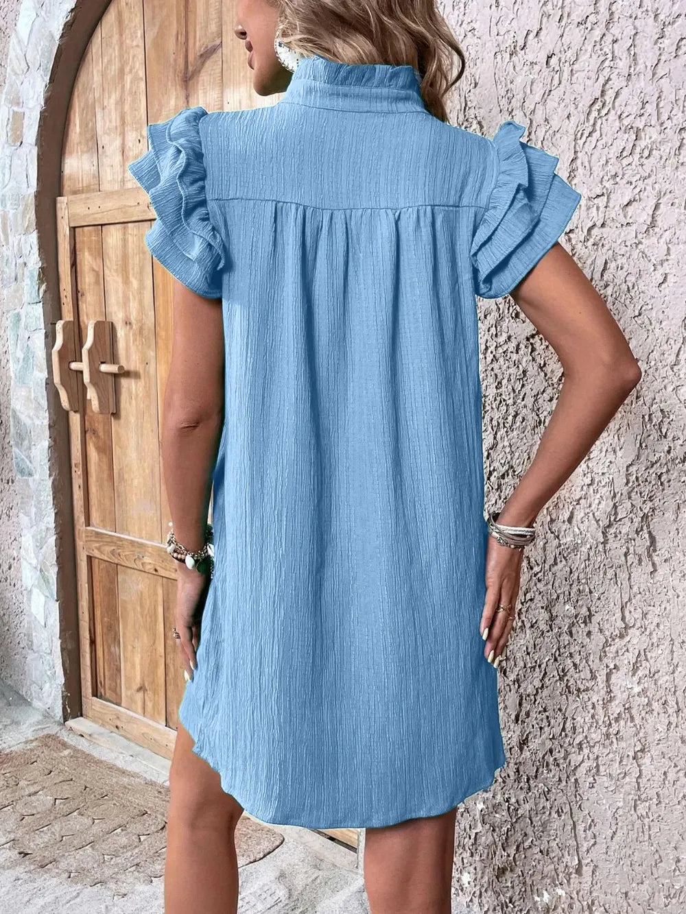 Ruffled Notched Cap Sleeve Mini Dress - Roe Creation