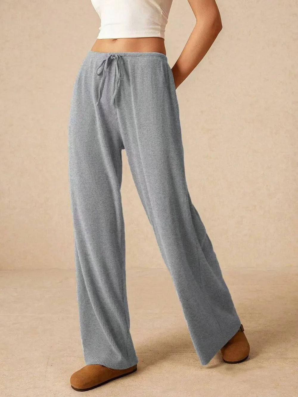 Ribbed Drawstring Wide Leg Pants - Roe Creation
