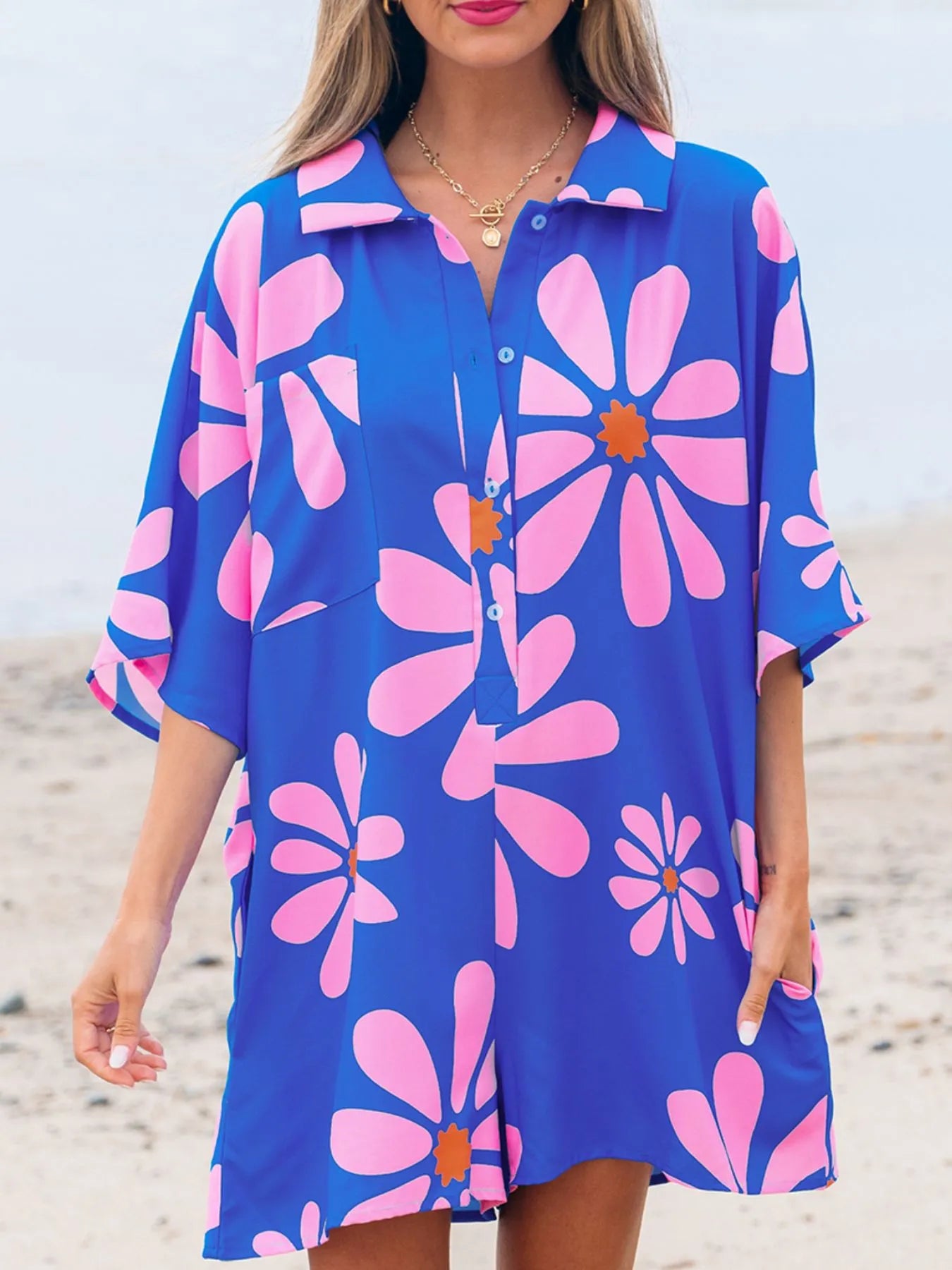 Summer Flower Print Shirt Collar Button Front Loose Romper - Roe Creation