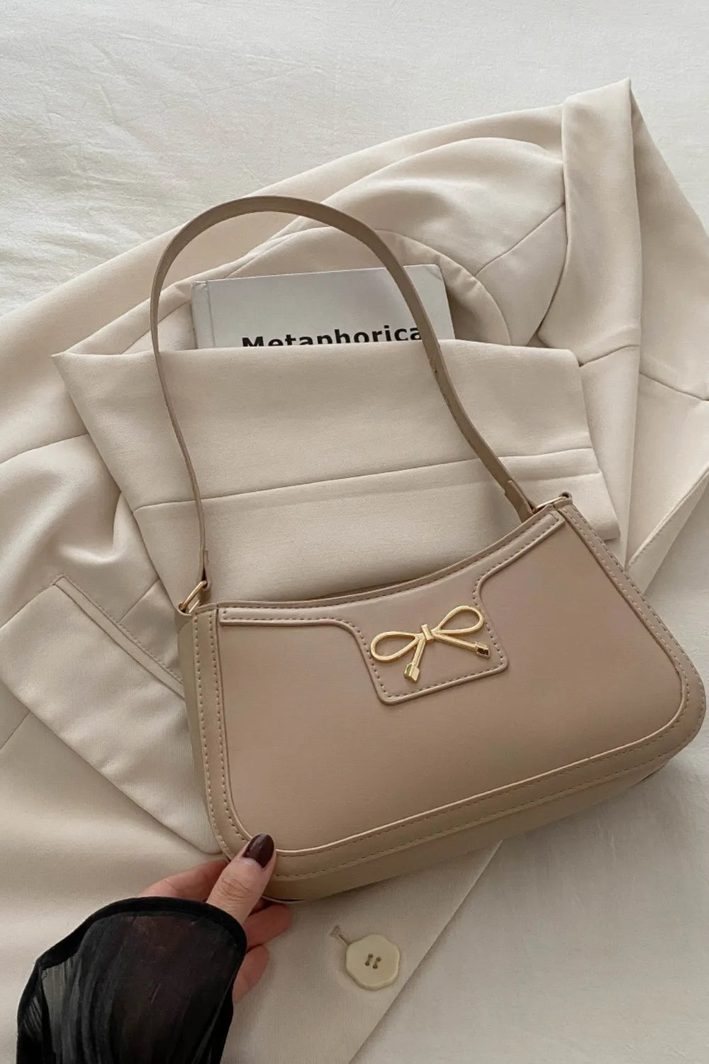 Bow Trim PU Leather Shoulder Bag - Roe Creation
