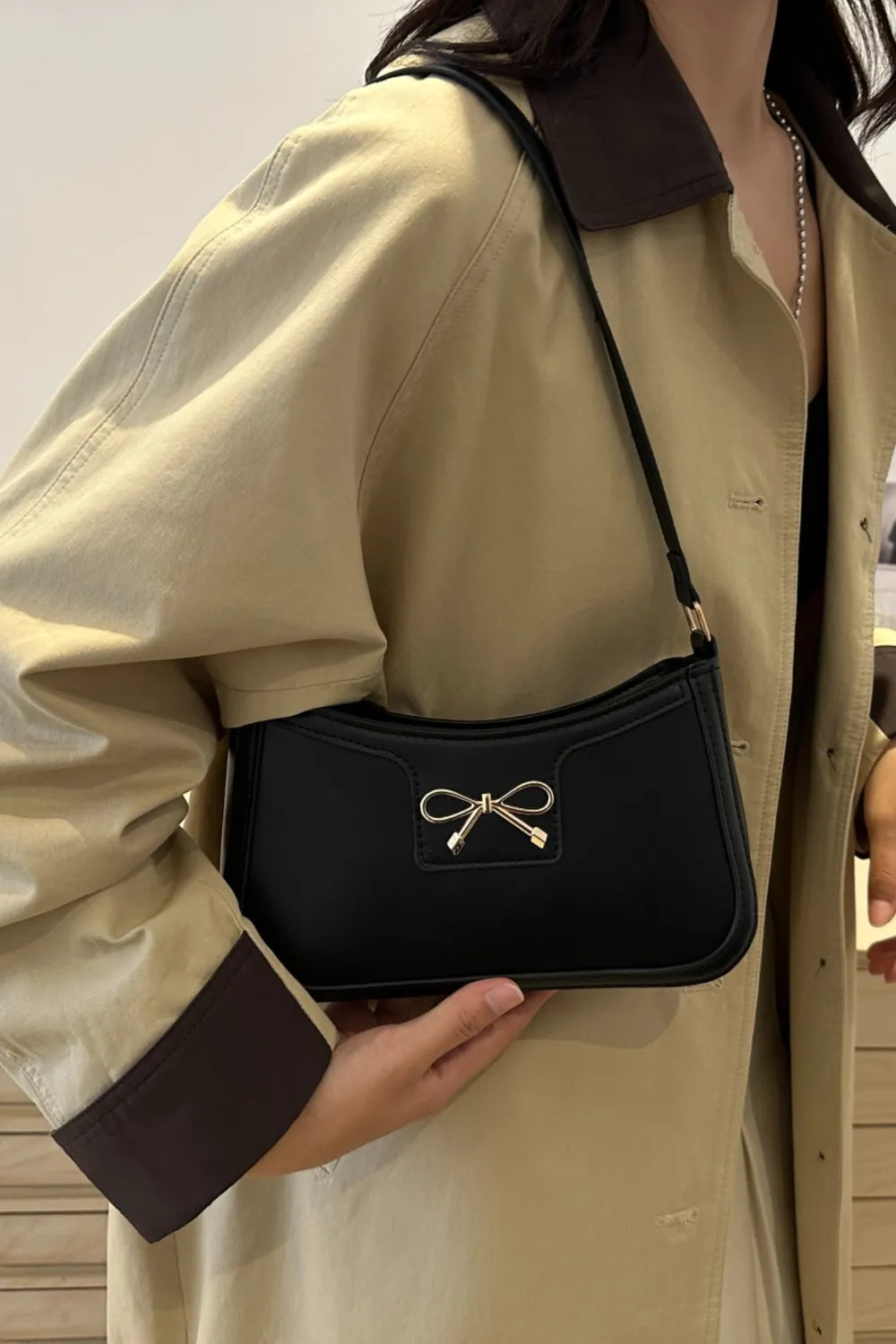 Bow Trim PU Leather Shoulder Bag - Roe Creation