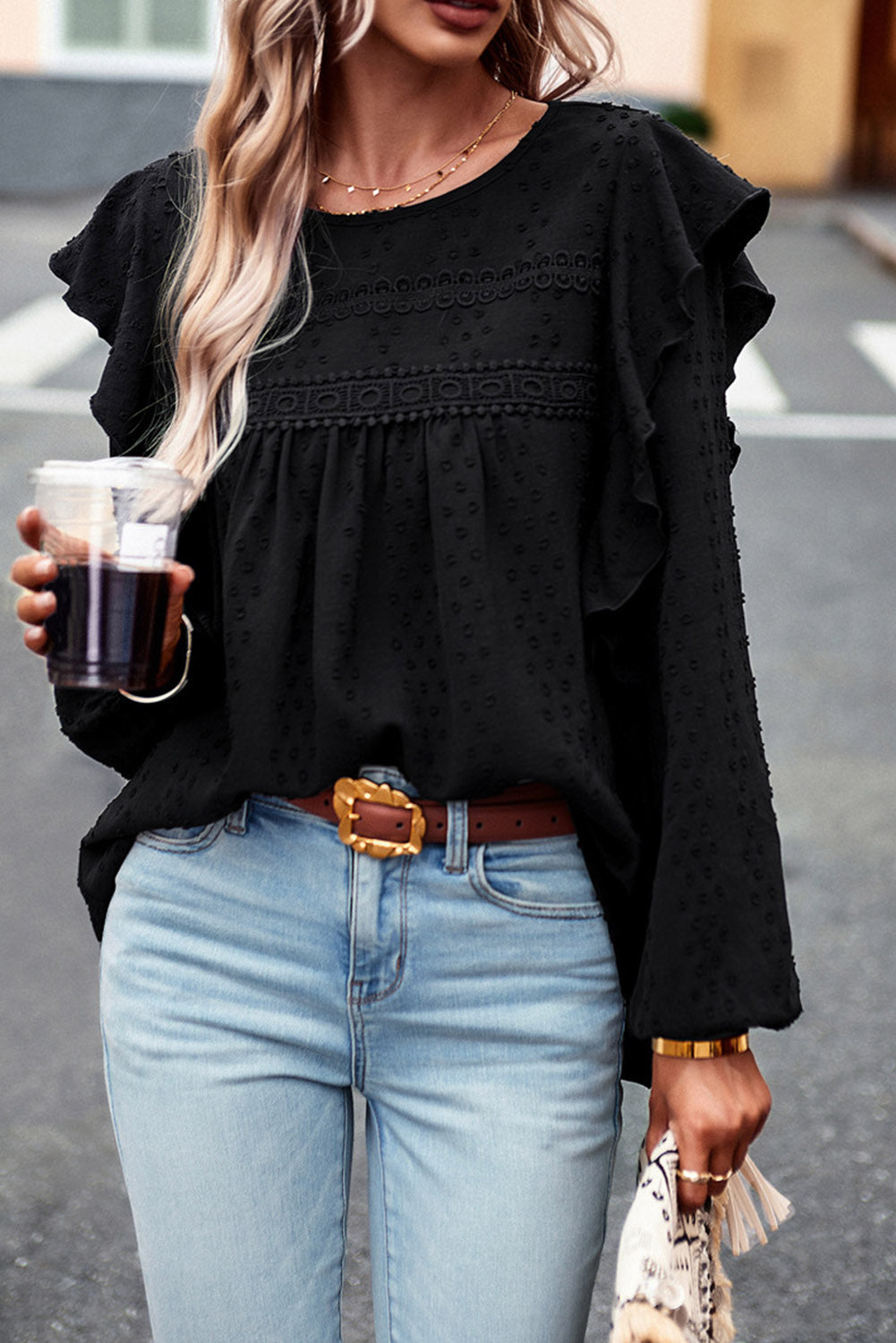 Women’s Round Neck Ruffled Blouse with Lace Detail – Elegant Casual Top - Roe Creation