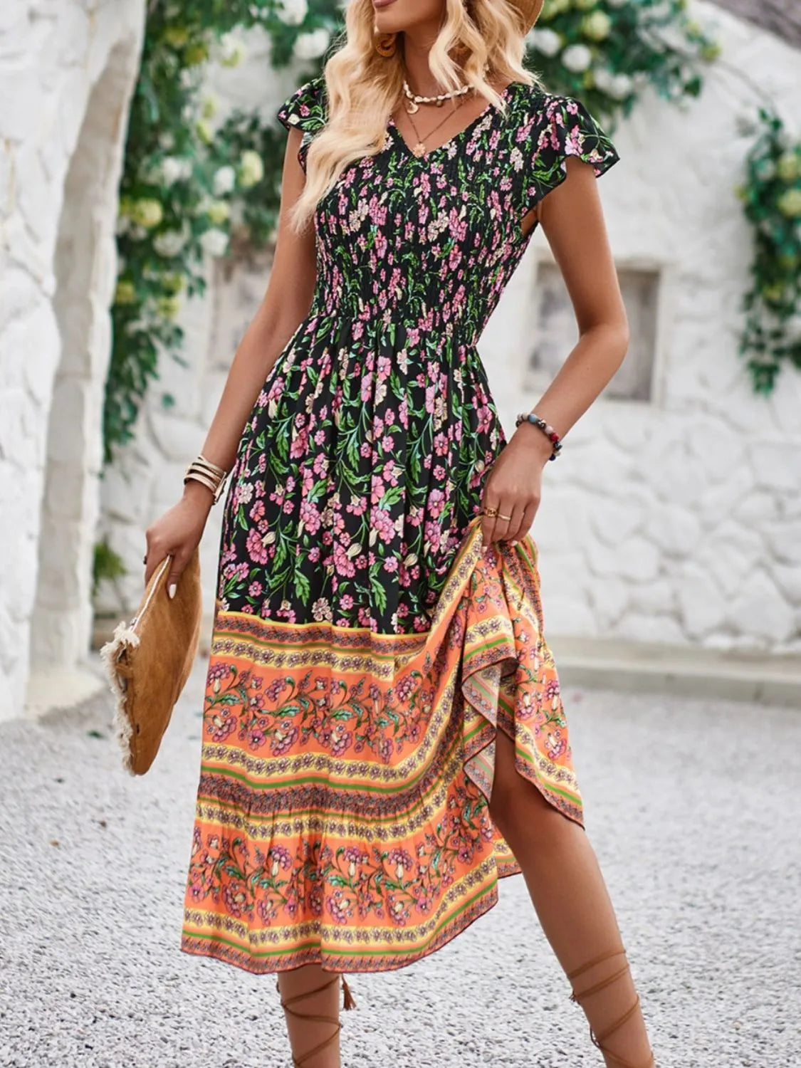 Printed Round Neck Cap Sleeve Dress - Roe Creation