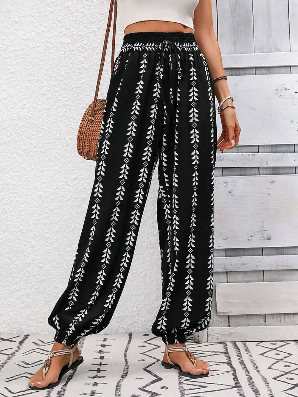 Tied Printed High Waist Pants - Roe Creation