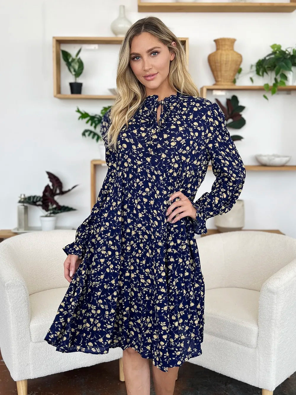 Double Take Full Size Printed Ruffle Hem Long Sleeve Tiered Dress - Roe Creation