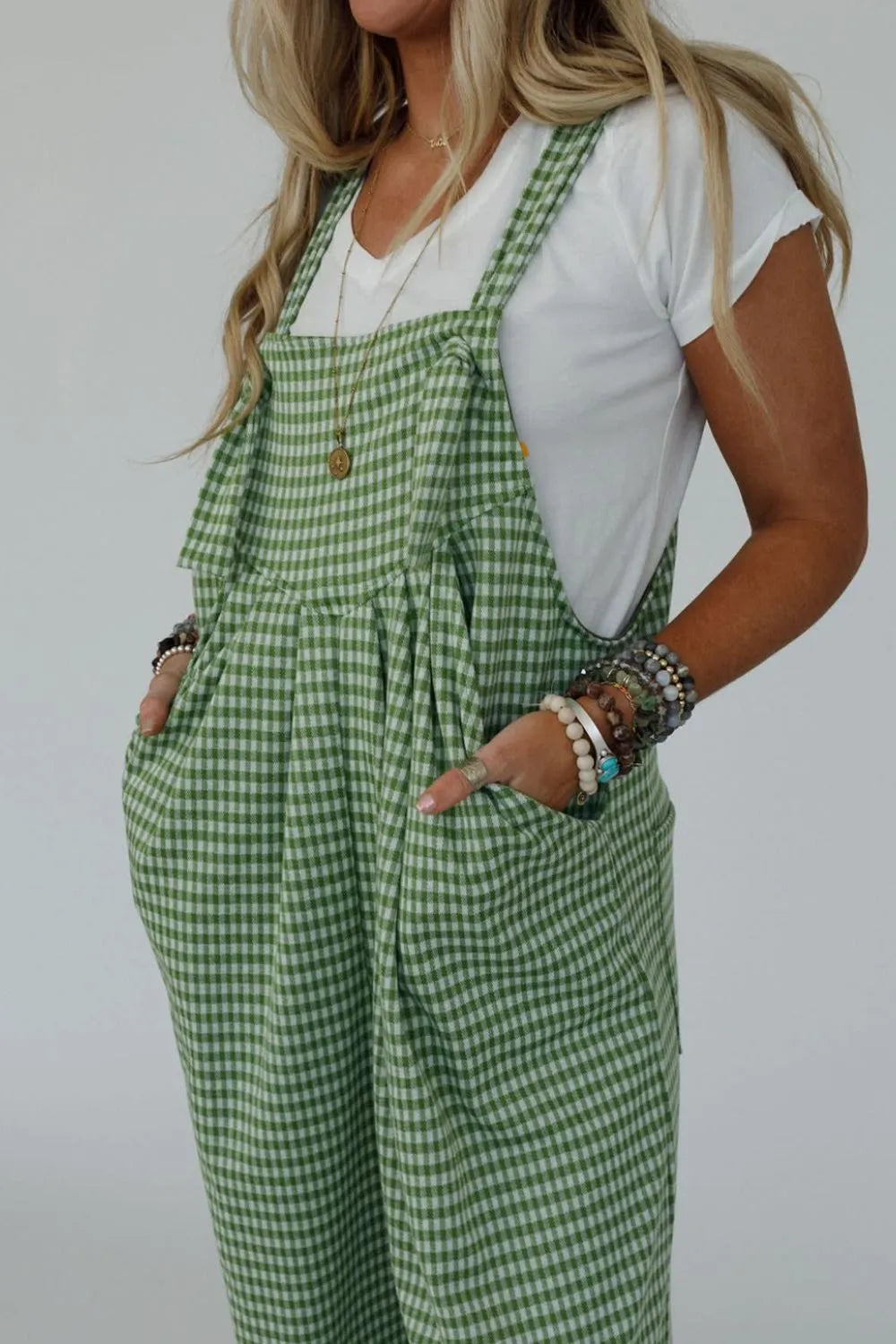 Casual Gingham Wide Leg Overalls - Roe Creation
