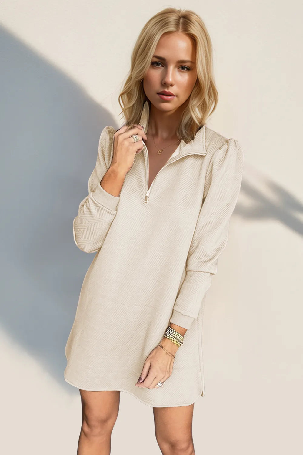 Double Take Textured Quarter Zip Long Sleeve Dress - Roe Creation