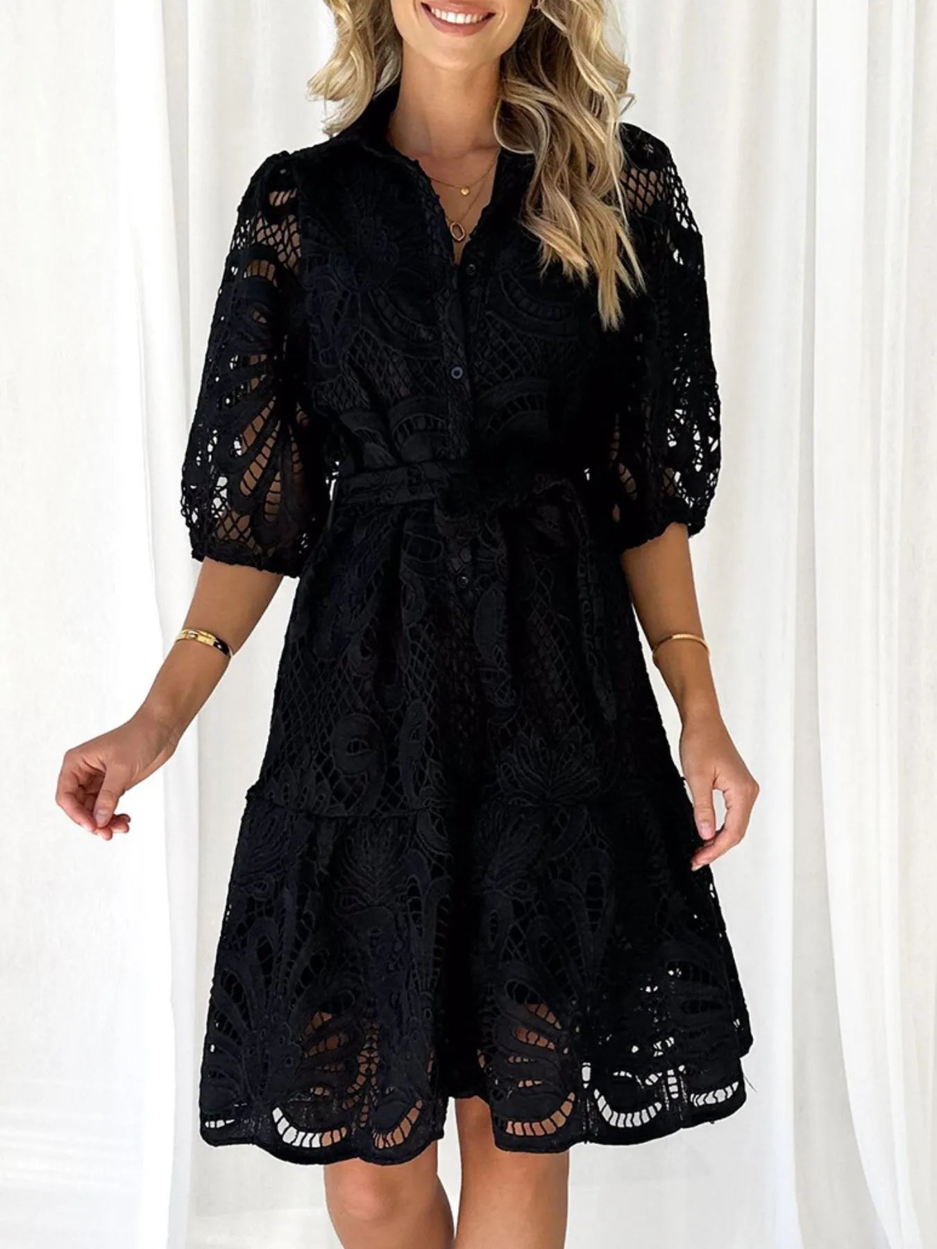 Lace Tie Waist Half Sleeve Dress - Roe Creation