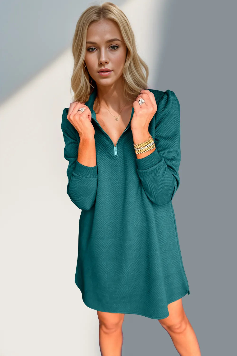 Double Take Textured Quarter Zip Long Sleeve Dress - Roe Creation