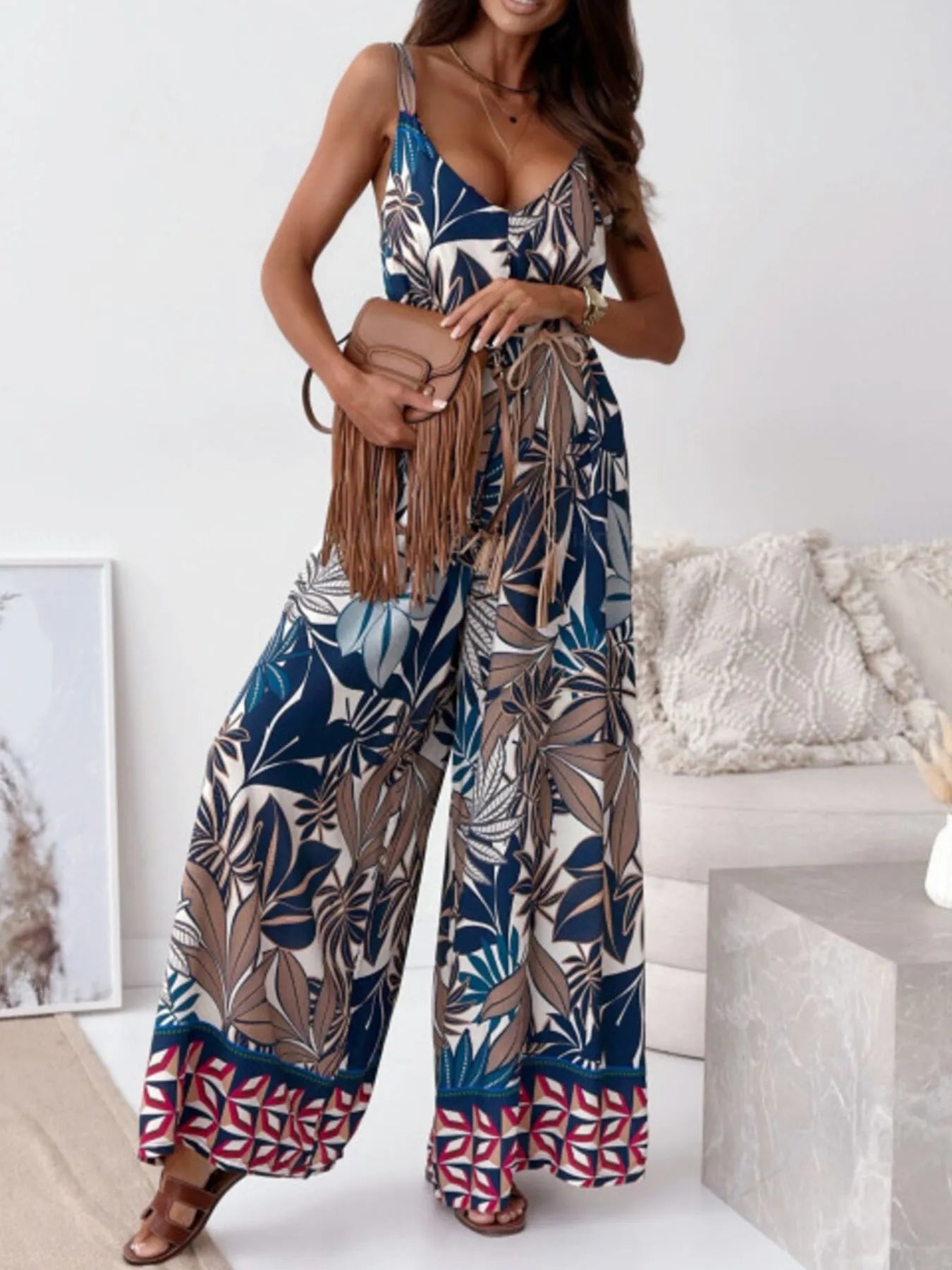 Paisley Print Spaghetti Strap Wide Leg Jumpsuit - Roe Creation