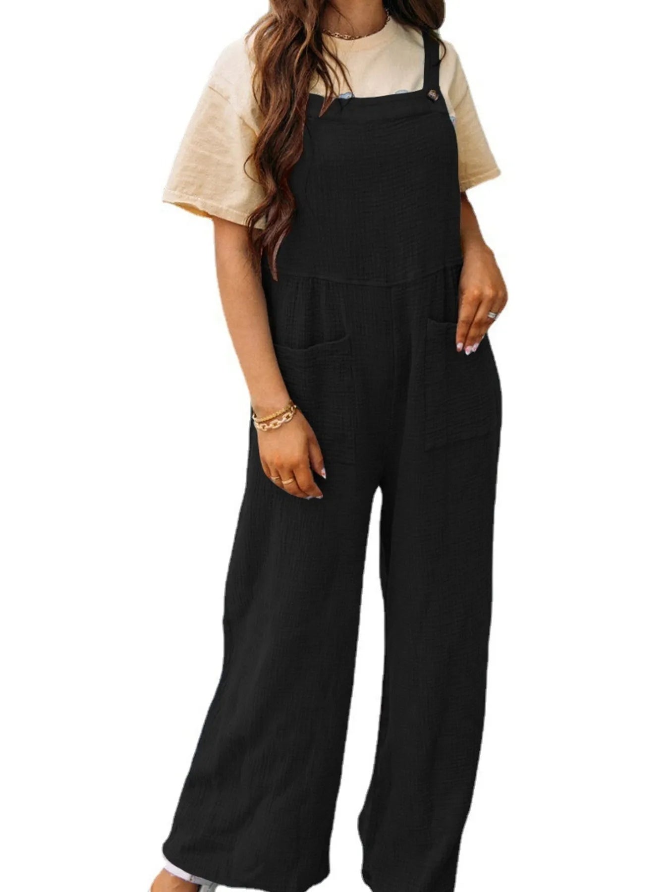 Full Size Casual Wide Leg Textured Overalls Plus Size - Roe Creation
