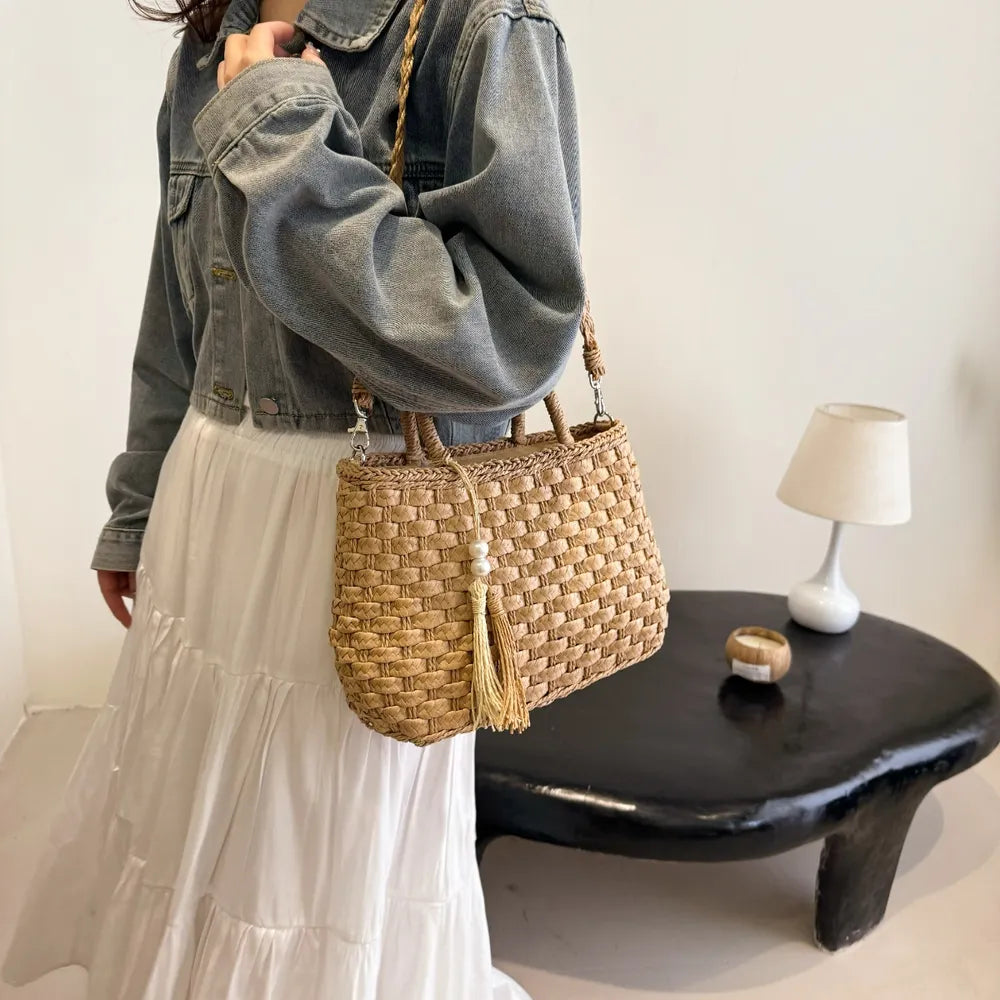 Braided Strap Paper Weave Shoulder Bag - Roe Creation