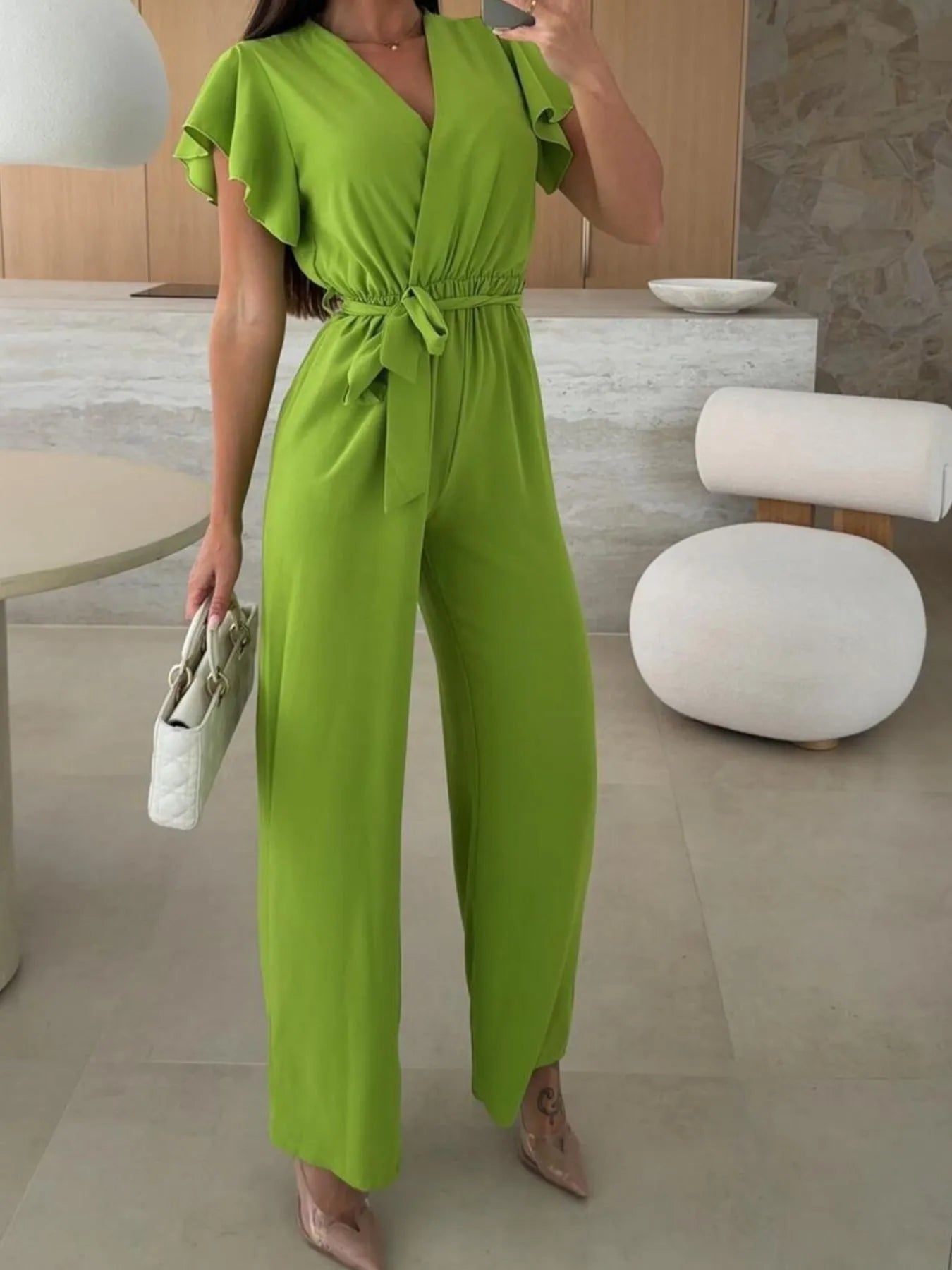 Surplice Wide Leg Belted Jumpsuit - Roe Creation