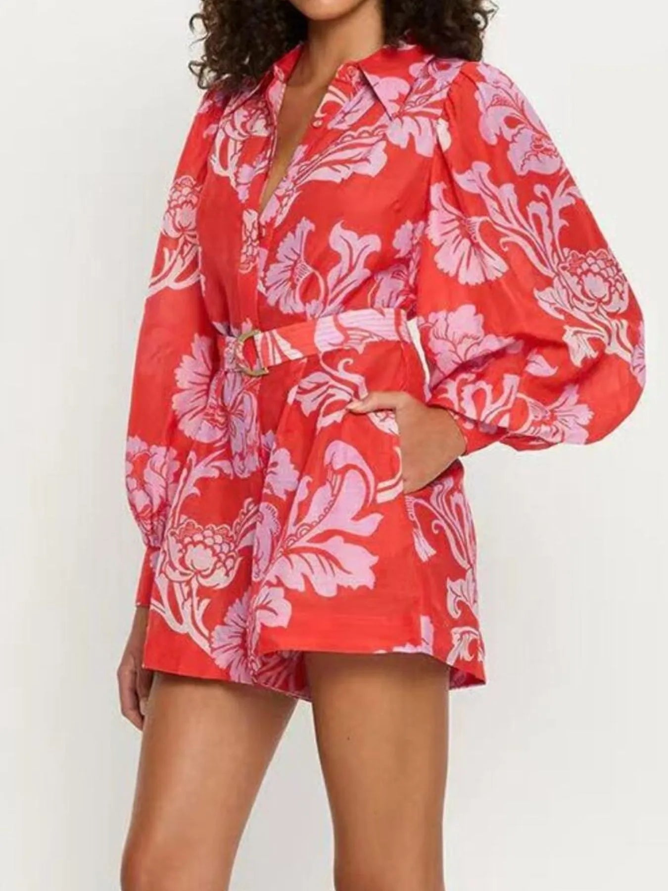 Printed Long Sleeve Belted Romper - Roe Creation